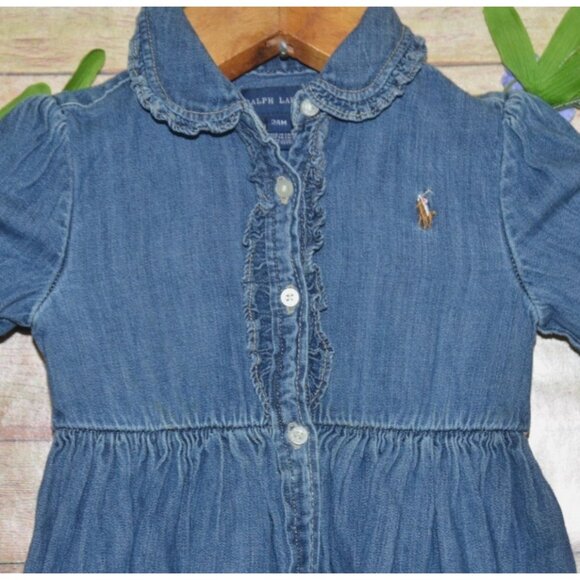 Ralph Lauren Denim Dress Button Up Ruffles Baby 24M Blue Preppy Long Sleeve Pony - Picture 2 of 9